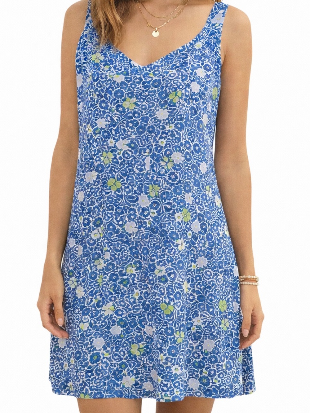 Blue Floral 100% Linen Shift Dress Coastal Resort Vacation Cottagecore